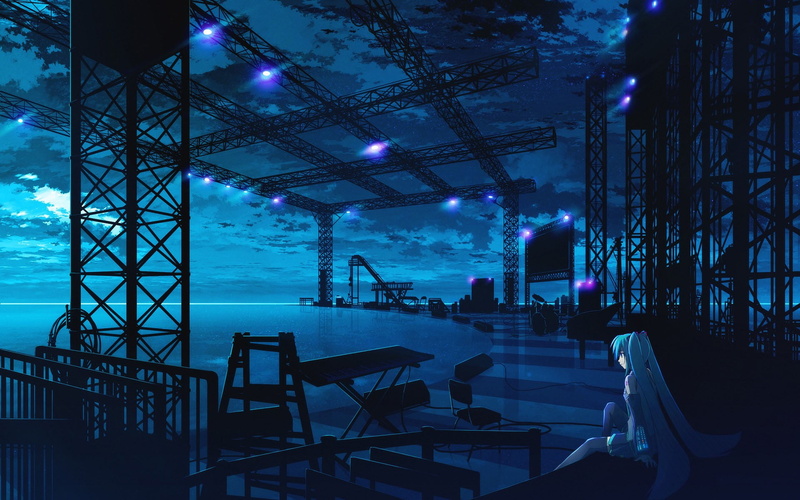 night, built structure, event, Vocaloid, arts culture and entertainment, no people, railing, long hair, lighting equipment, light, anime, indoors, stage
