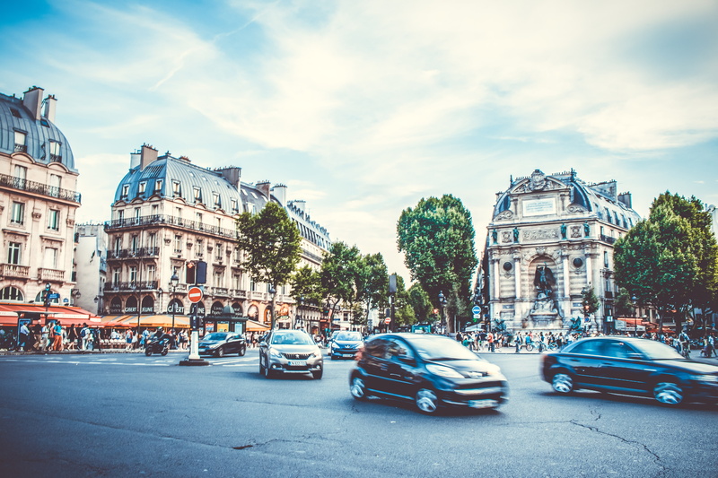 trees, vehicles, tourist attraction, beauty, traffic, tourist, cityscape, city, france, building, people, cars, motion, tourist destination, transportation