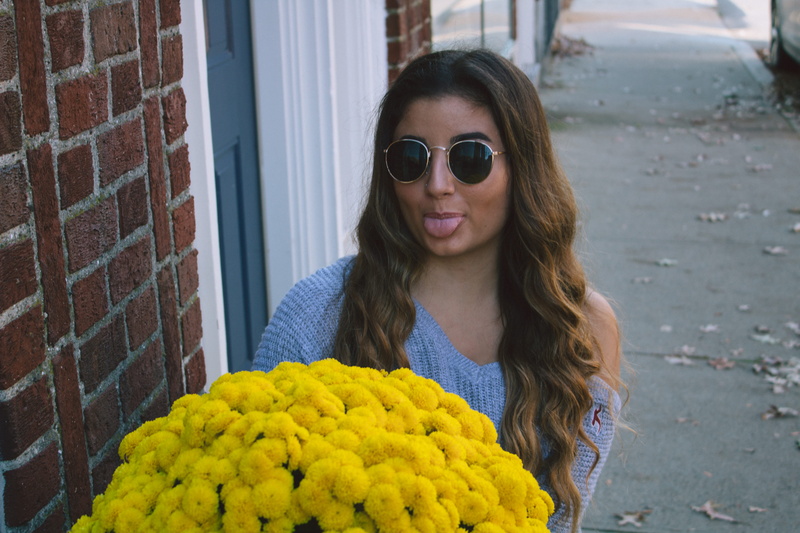 eyes, smiling, bud, leisure activity, brown hair, casual clothing, glasses, long hair, brick, pollen, rose, portrait, tounge, front view, real people, seasons