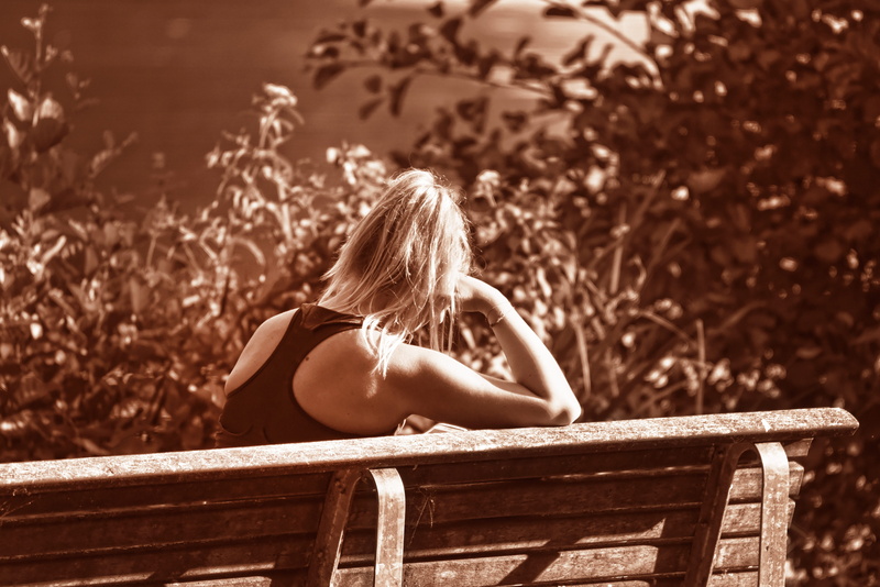 beautiful woman, relaxation, by herself, adult, young, wood - material, young adult, alone, day, 5K, women, hair, park, contemplation, bench, looking down