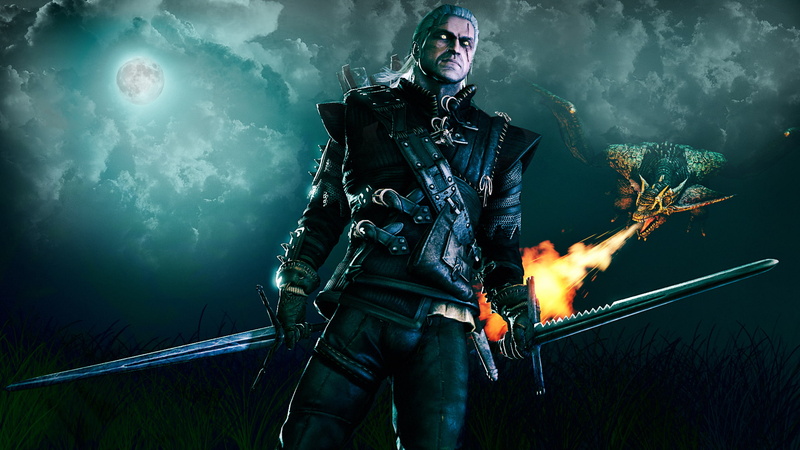night, hunting, dragon, Rivia, The Witcher 3: Wild Hunt, geralt of rivia, field, white wolf, the full moon, the moon, fire, Witcher, 1080P, the sky