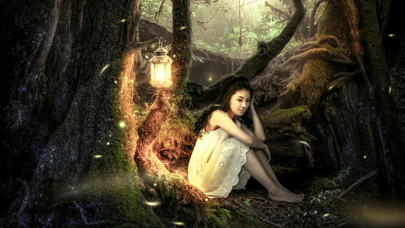 beautiful, 1080P, trees, beautiful mood, lanterns, girl, forest, mood
