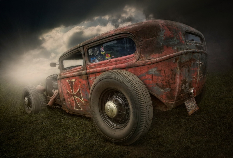 land vehicle, tire, retro, transportation, outdoors, Hot Rod, no people, car, motor vehicle, nature, Rat Rod, field, wheel, retro styled, sky, 1080P, grass