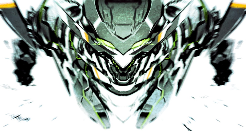 indoors, green color, glass - material, mech, white background, close-up, Chamber (Suisei no Gargantia), robot, focus on foreground, abstract, symmetry