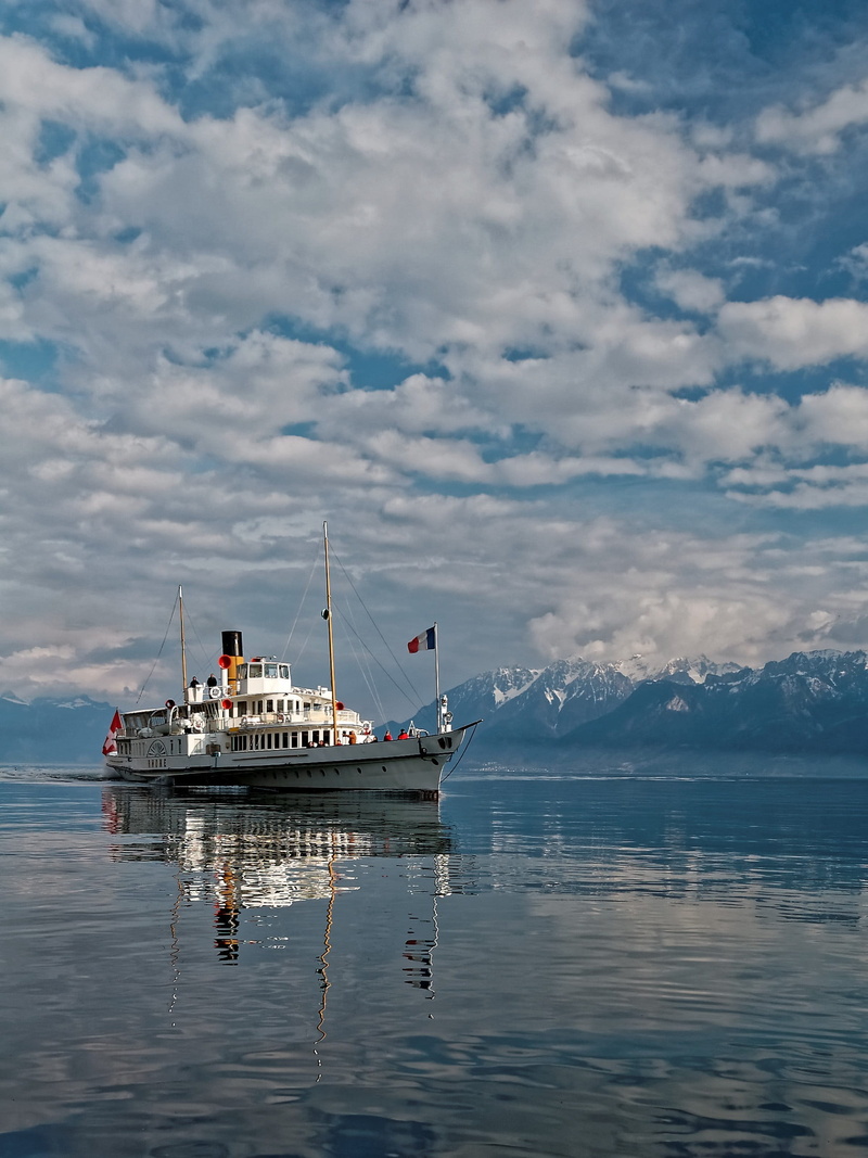 day, scenics - nature, sea, transportation, cruise ship, lutry, mountains, lake, reflection, montreux, leman, travel, snowcapped mountain, non-urban scene