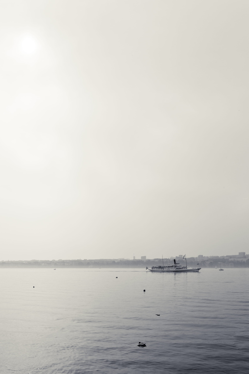 beauty in nature, scenics - nature, nature, copy space, no people, cgn, tranquility, sky, geneva, tranquil scene, boat, fog, mode of transportation, sea