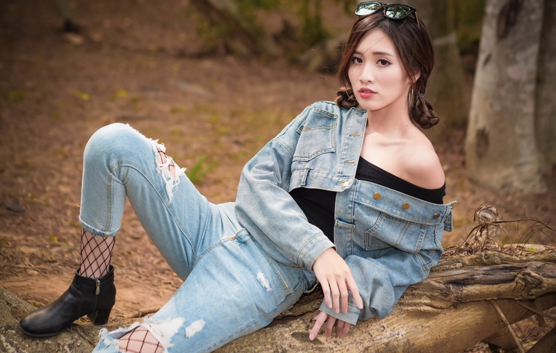 lying on back, Asian, trees, 4K, model, tree stump, boots, women, jeans jacket, net stockings, twintails, jeans, long hair, Black top, brunette