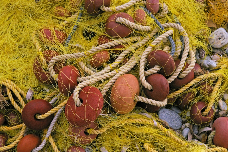 greece, pier, boot, fish, tangled, high angle view, beach, no people, outdoors, still life, rope, buoys, complexity, water, assorted, fishing industry