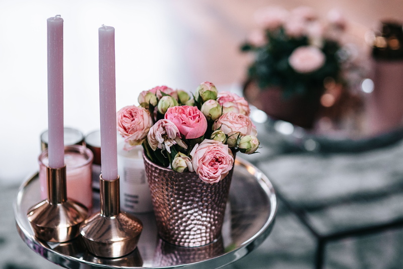 beauty in nature, still life, arrangement, side table, container, rose, silver, bouquet, rose - flower, flowering plant, gold rose, no people, pastel colors
