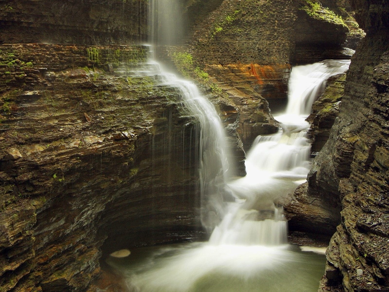 waterfalls, gorge, rock, blurred Motion, 720P, freshness, forest, outdoors, motion, flowing Water, flowing, summer, travel destinations, beauty In Nature