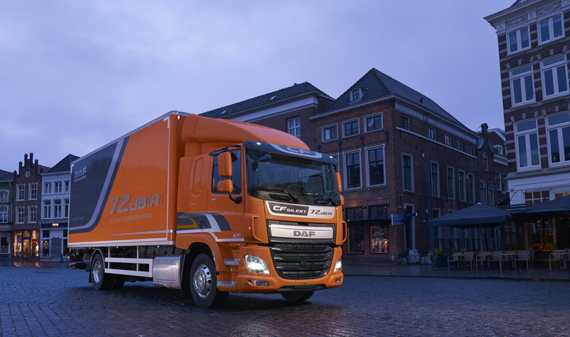 the city, DAF CF 370 FA, area, the evening, dampness, DAF, overcast, Euro6, 2K, orange, 4x2, platform, Silent, van