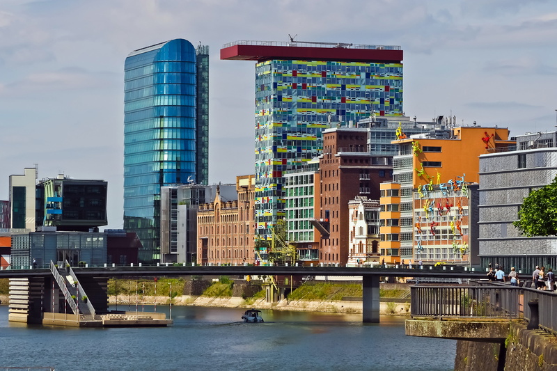 urban Scene, düsseldorf, office building exterior, bridge - man made structure, bridge, harbour area, building, transportation, glass front, glass, modern high rise building