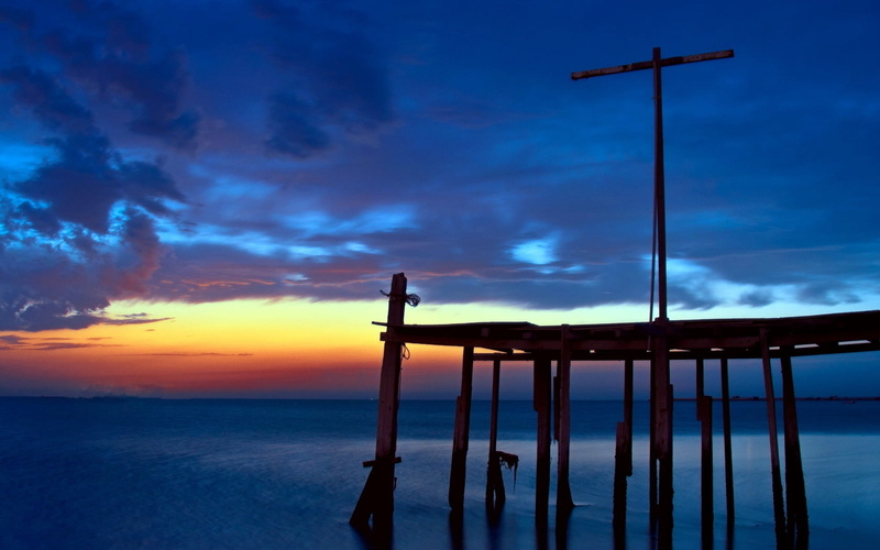 cloud - Sky, built structure, outdoors, horizon Over Water, blue, cloudscape, vacations, travel, religion, dock, laths, seascape, wooden post, dusk, wood - Material