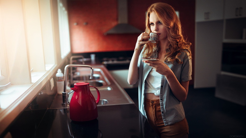 food and drink, long hair, Ivan Gorokhov, beauty, wireless technology, face, domestic room, drink, kitchen, adult, home, indoors, drinking, lifestyles