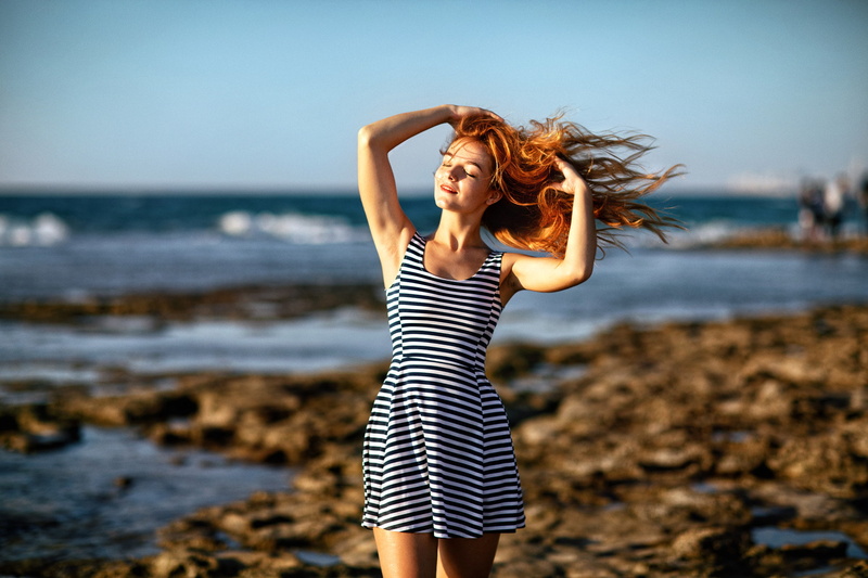 bokeh, women, hands in hair, closed eyes, windy, wind, Zachar Rise, women outdoors, depth of field, model, dress, armpits, sunlight, redhead, standing
