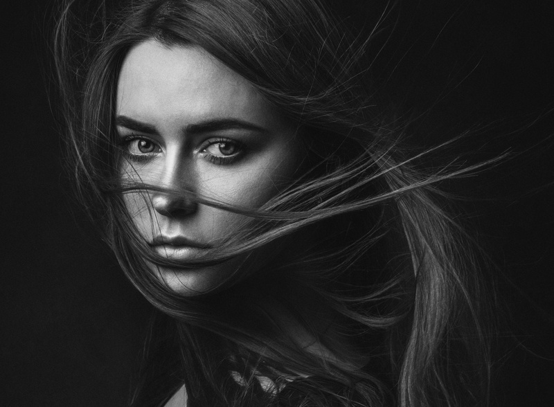 Zachar Rise, wind, long hair, looking at viewer, simple background, women, 1080P, hair in face, portrait, monochrome
