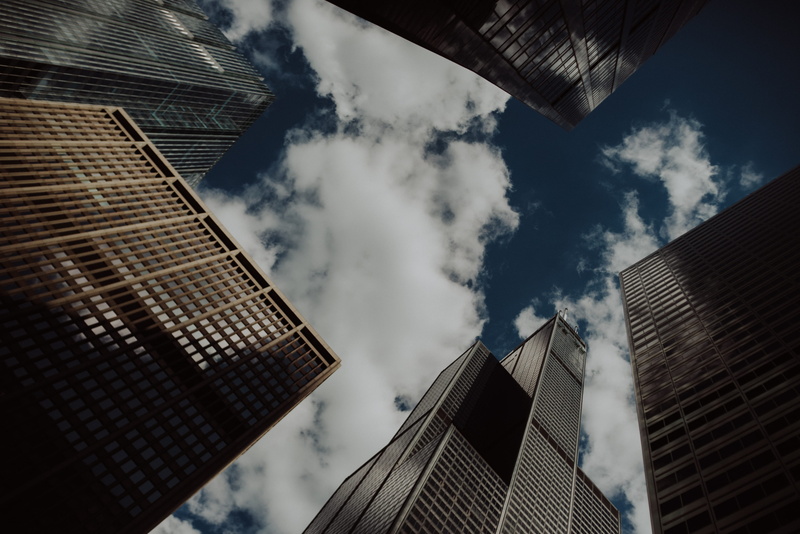 directly below, outdoors, city Life, residential district, new York City, city, glass - Material, reflection, tower, business, urban Scene, skyscraper