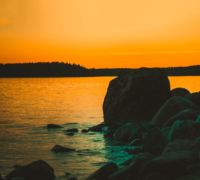 idyllic, shore, sun, yellow, water, trees, sky, non-urban scene, finland, beach, tranquility, sea, no people, outdoors, view, teal sea, sunset, ruissalo