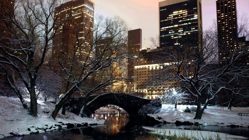 1080P, winter, bridge, nyc, central, park, nature and landscapes, stream, skyscrapers