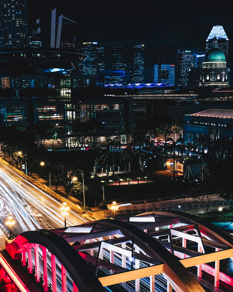 high angle view, city night, bridge, 4K, mode of transportation, light, skyscraper, built structure, photo, city, long exposure, photography, motor vehicle