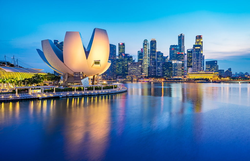 Singapore, urban Skyline, sea coast, building, MG, dusk, urban Scene, picturesque, blue hour, travel, colour, architecture, night, view, iconic, 480P