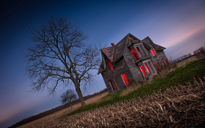 landscape, scarry, building, 2K, rural scene, no people, clear sky, architecture, grass, building exterior, cottage, field, sky, low angle view, nature