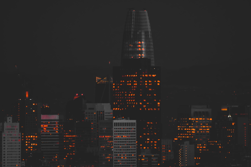 black and white, skyscraper, night, united states, building, illuminated, city, city scape, travel destinations, san fran, spire, cityscape, sunset, architecture