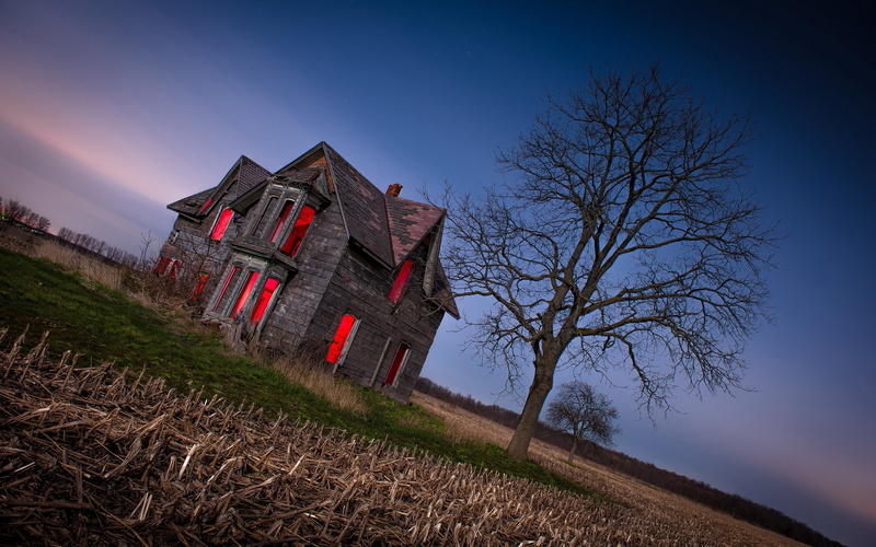 sky, architecture, field, outdoors, no people, house, grass, cottage, rural scene, scenics - nature, nature, scarry, residential district, bare tree, 2K