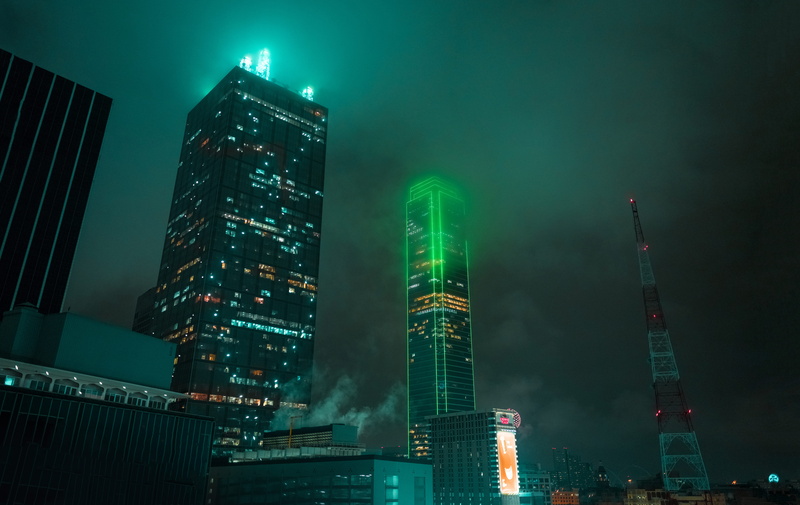 modern, skyscraper, city, ominou, building, 5K, orange, fog, texa, low angle view, teal, downtown, tall - high, tower, building exterior, illuminated