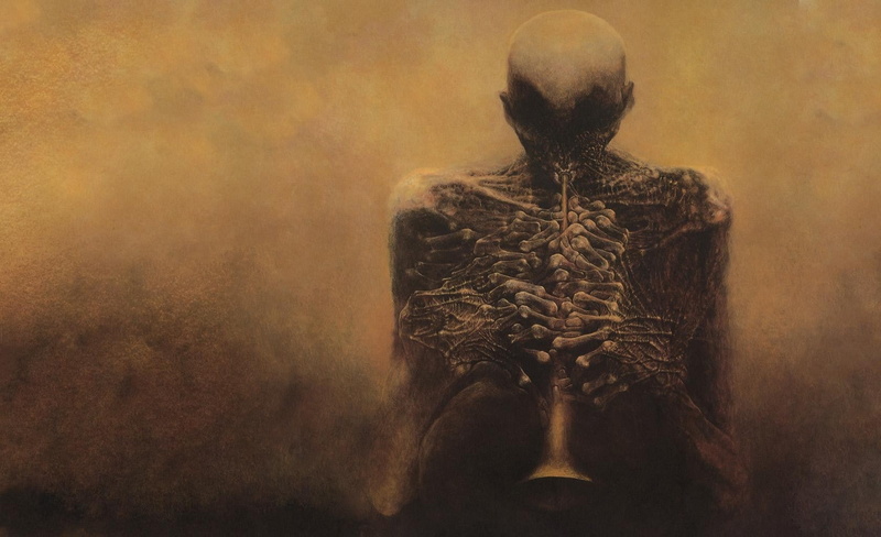 bones, 720P, creepy, scarry, skull, skeleton, Zdzisław Beksiński
