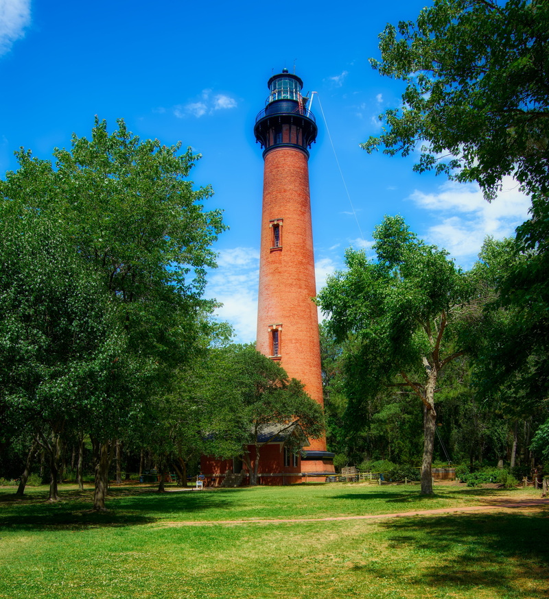 currituck lighthouse, lighthouse, plant, north carolina, sky, tower, landscape, landmark, nautical, outer banks, grass, cloud - sky, scenic, direction