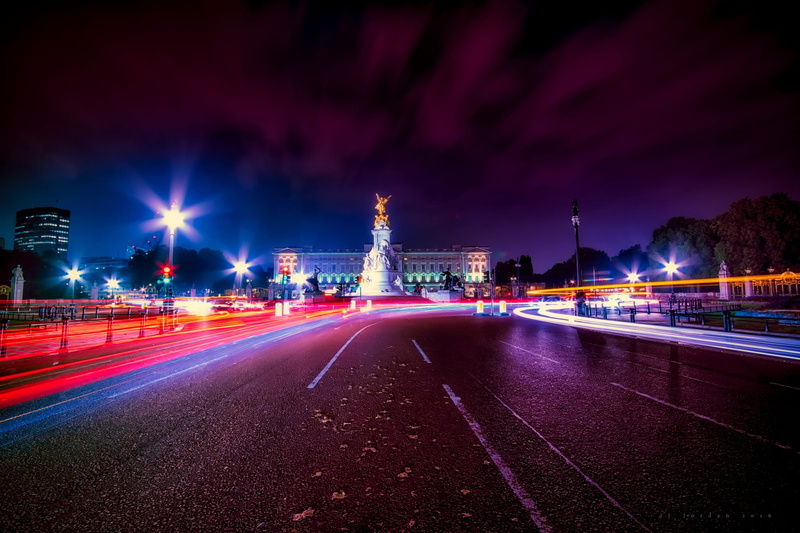 illuminated, photograph, transportation, architecture, england, pavement, statue, transportation system, light streaks, clouds, evening, lighting equipment