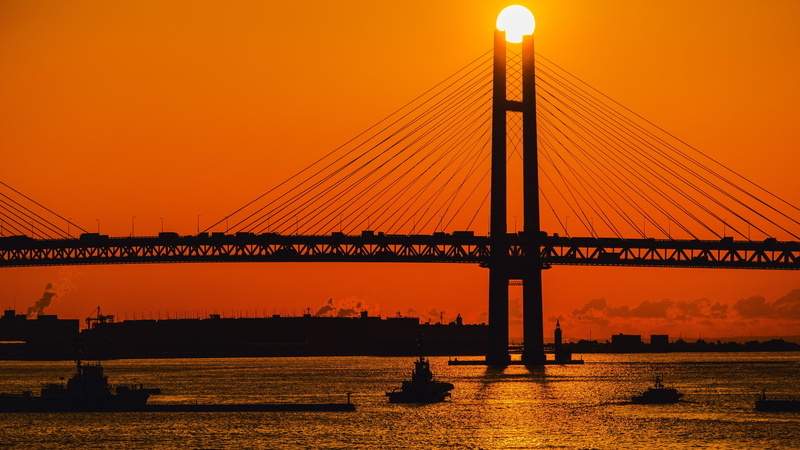 kanagawa, sun, 5K, travel destinations, expressway, suspension bridge, orange sky, highway, bridge, twilight, connection, tourism, nature, sunset, bridge - man made structure