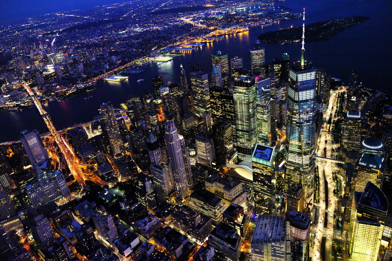outdoors, cityscape, skyscraper, built structure, office building exterior, night, city, tall - high, ny, manhattan, modern, 8K, high angle view, residential district