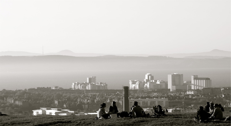 friends, view, group, built structure, landscape, people, building exterior, building, pollution, air pollution, nature, grayscale, office building exterior