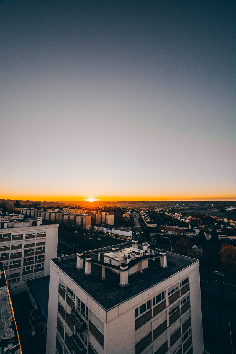 high, nature, town, settlement, aerial, city life, hour, high angle view, office building, townscape, city scape, sunset, night time, sky, sun, gradient