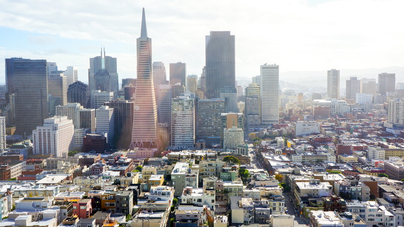 financial district, high angle view, downtown, skyline, transamerica pyramid, city, office building exterior, tower, skyscrapers, building, travel destinations