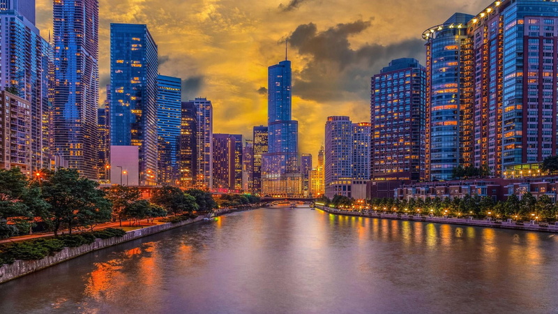 illuminated, waterfront, trump tower, daytime, water, dusk, nature, outdoors, metropolitan area, office, building, metropolis, sky, illinois, urban area