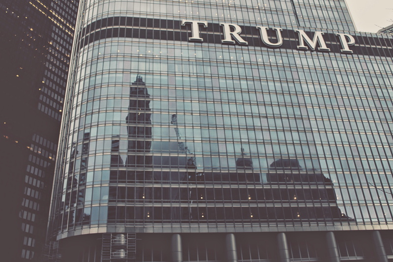 building exterior, apartment building, city, day, built structure, urban, mirror, window, silhouette, york, trump, western script, architecture, tower