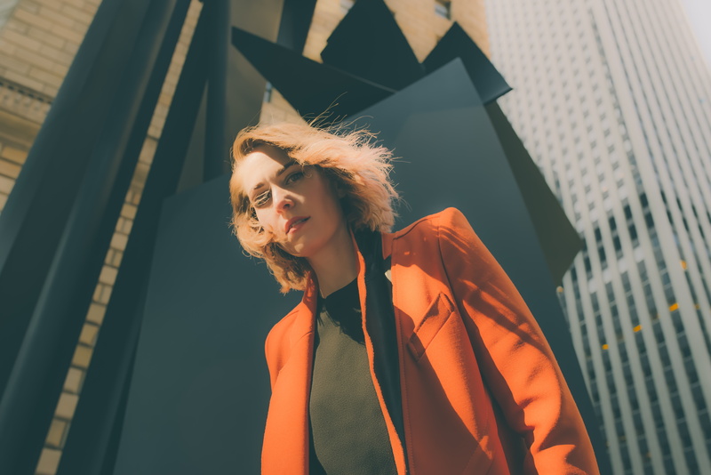 face, short hair, model, looking at viewer, women, building, 5K, redhead, windy, New York City