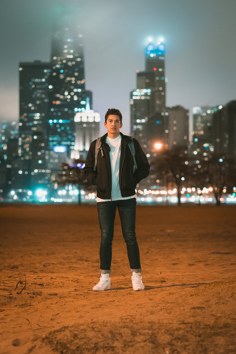 style, a7s, avenue, one person, standing, sony, outdoors, looking at camera, urban, young men, night, wear, full length, windy, 4K, built structure, fourth