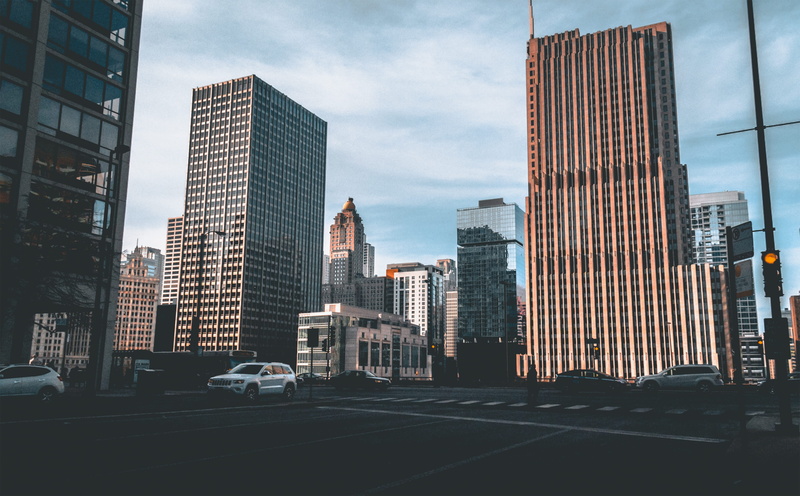 skyscraper, tall - high, skyline, outdoors, road, building, modern, 4K, street, office building exterior, financial district, cityscape, buildings, city