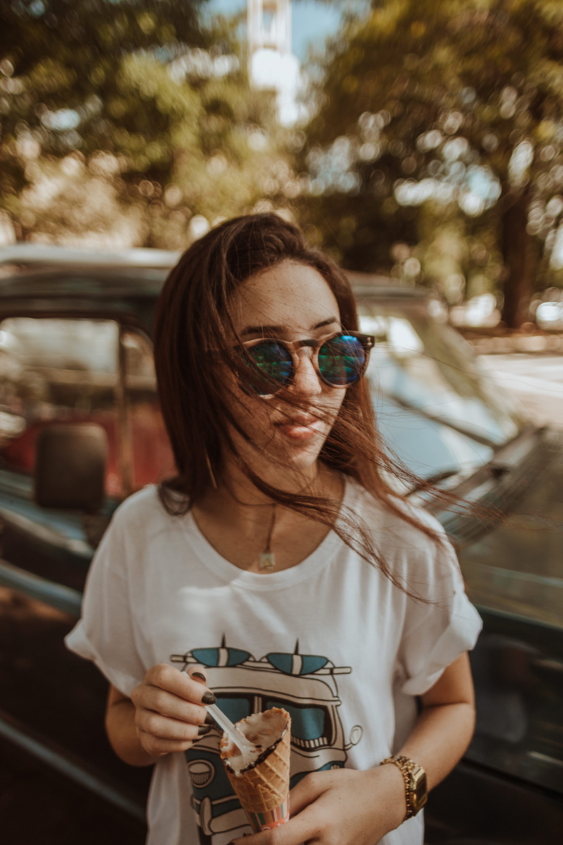 4K, windy, motor vehicle, summer, sunglasses, one person, tree, holding, girl, bokeh, live, street, city, car, women, fashion, cone, beside, leisure activity
