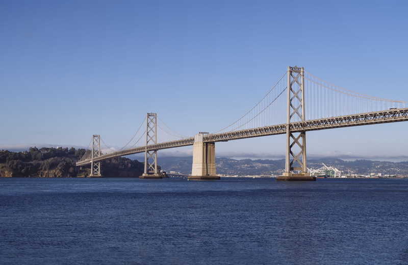 architecture, travel, seashore, day, america, city, buildings, pier, nature, bridge, suspension bridge, blue sky, bay, built structure, sea, Bay Bridge