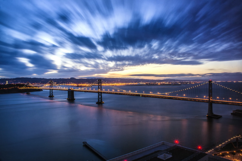 lighting, backlight, lights, Bay, clouds, California, San Francisco, 1080P, the sky, USA, bridge, CA, sunset, port, the evening, Bay Bridge