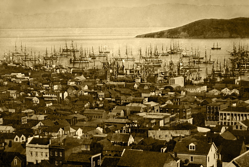 city, sky, cityscape, history, aerial view, public domain, 2K, town, building, 1851, europe, the past, water, san francisco, sea, famous Place, sepia Toned