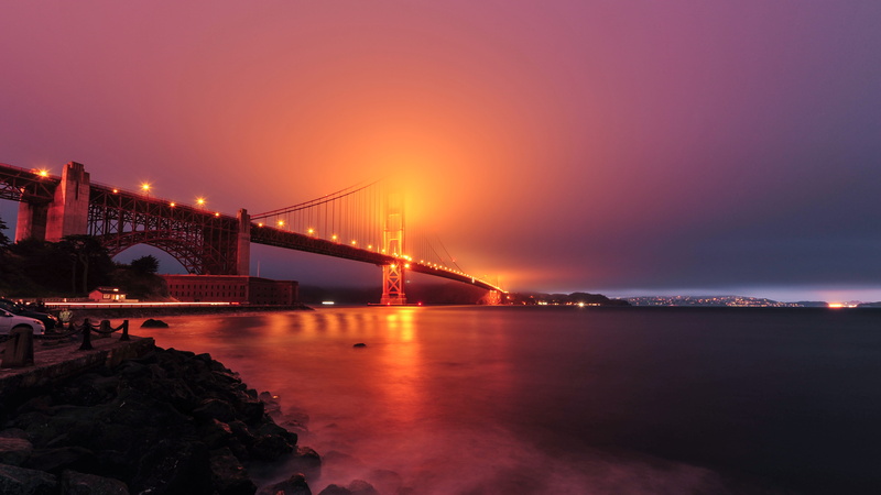 gate, automobile, water, night, building, reflection, connection, dusk, nature, travel destinations, sea, city, san francisco, usa, port, no people, long exposure