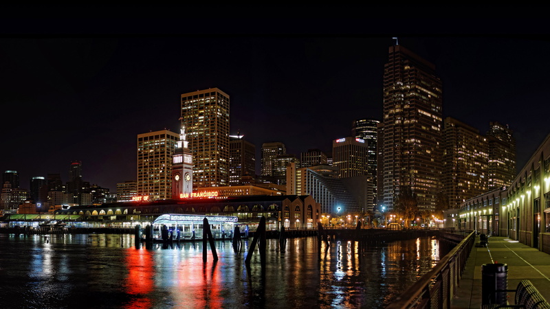 office building exterior, illuminated, outdoors, water, river, 4K, downtown, waterfront, san, no people, skyscraper, tall - high, modern, night, city