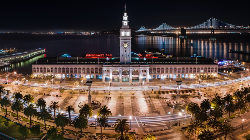 travel, 4K, water, nighttime, tourism, Ferry Building, California, USA, landmark, San Francisco, near, body