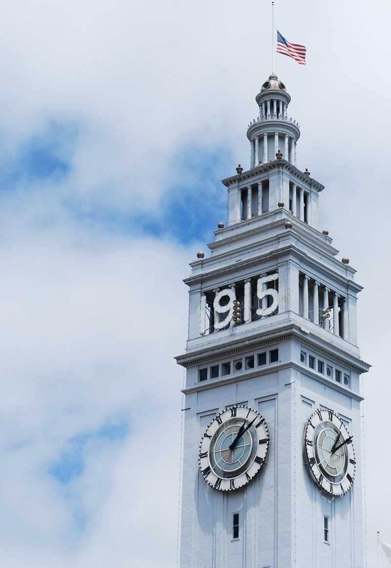 nature, clock, coast, california, tourism, pier, patriotism, sky, architecture, spire, the past, ferry building, west, time, built structure, clock tower